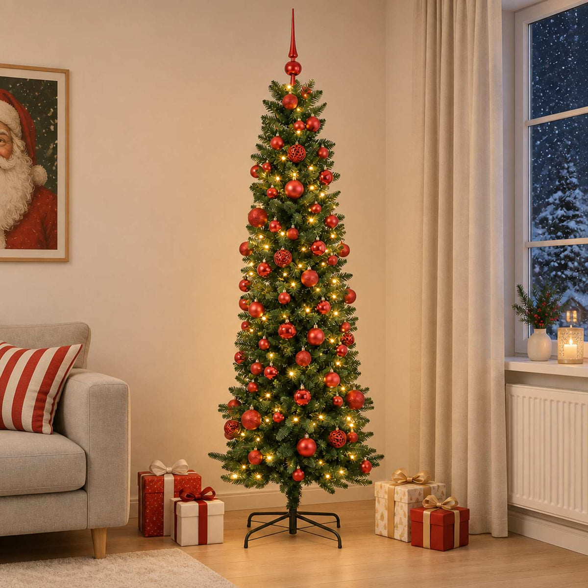 vidaXL Artificial Slim Christmas Tree with Bauble 180 cm 300 LEDs