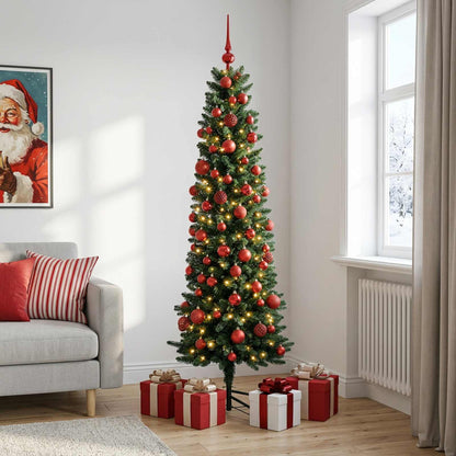 vidaXL Artificial Slim Christmas Tree with Bauble 180 cm 300 LEDs