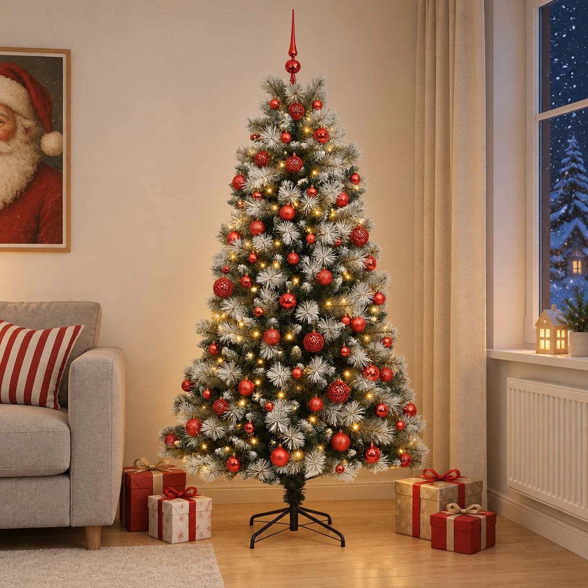 vidaXL Artificial Hinged Christmas Tree with Baubles 210 cm 300 LEDs