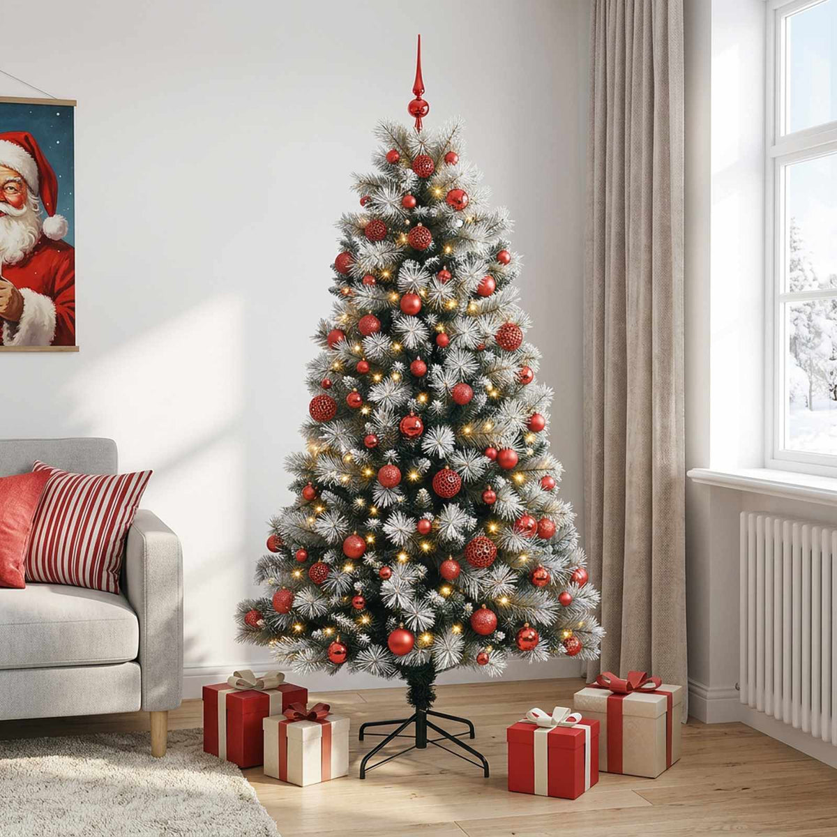 vidaXL Artificial Hinged Christmas Tree with Baubles 210 cm 300 LEDs
