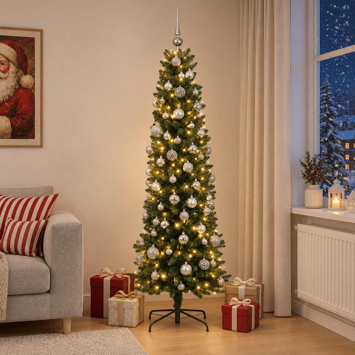 vidaXL Artificial Slim Christmas Tree with Bauble 180 cm 300 LEDs