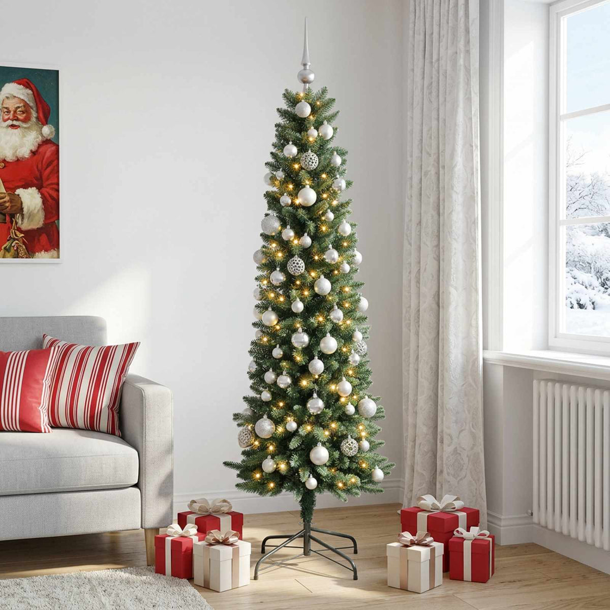 vidaXL Artificial Slim Christmas Tree with Bauble 180 cm 300 LEDs