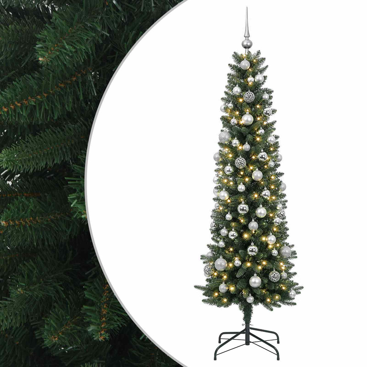 vidaXL Artificial Slim Christmas Tree with Bauble 180 cm 300 LEDs
