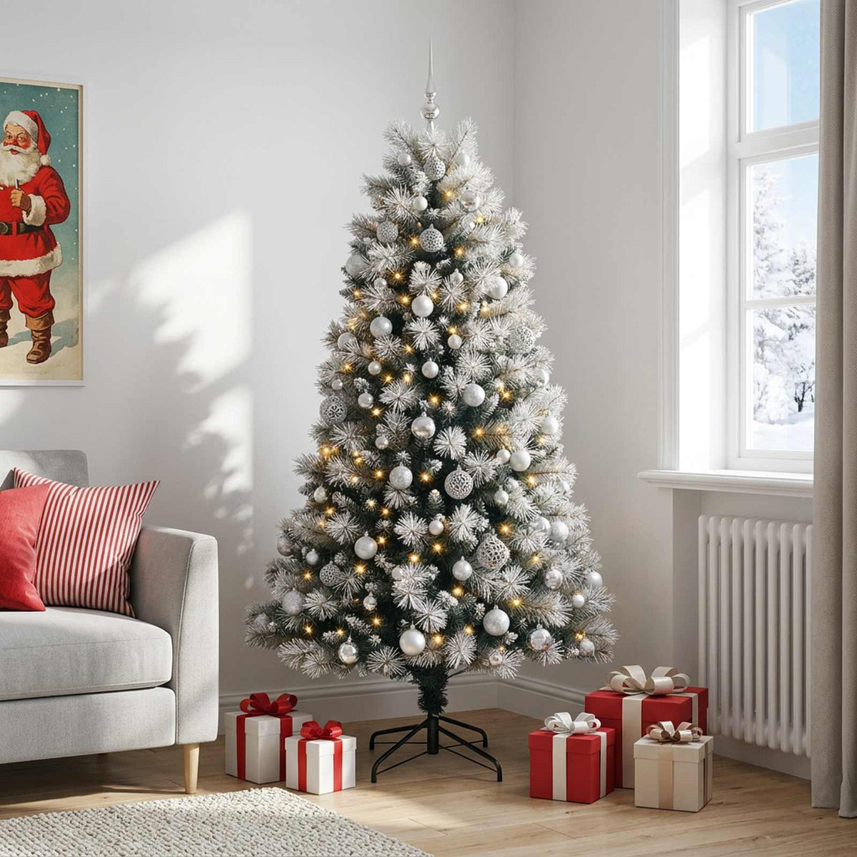 vidaXL Artificial Hinged Christmas Tree with Baubles 240 cm 300 LEDs
