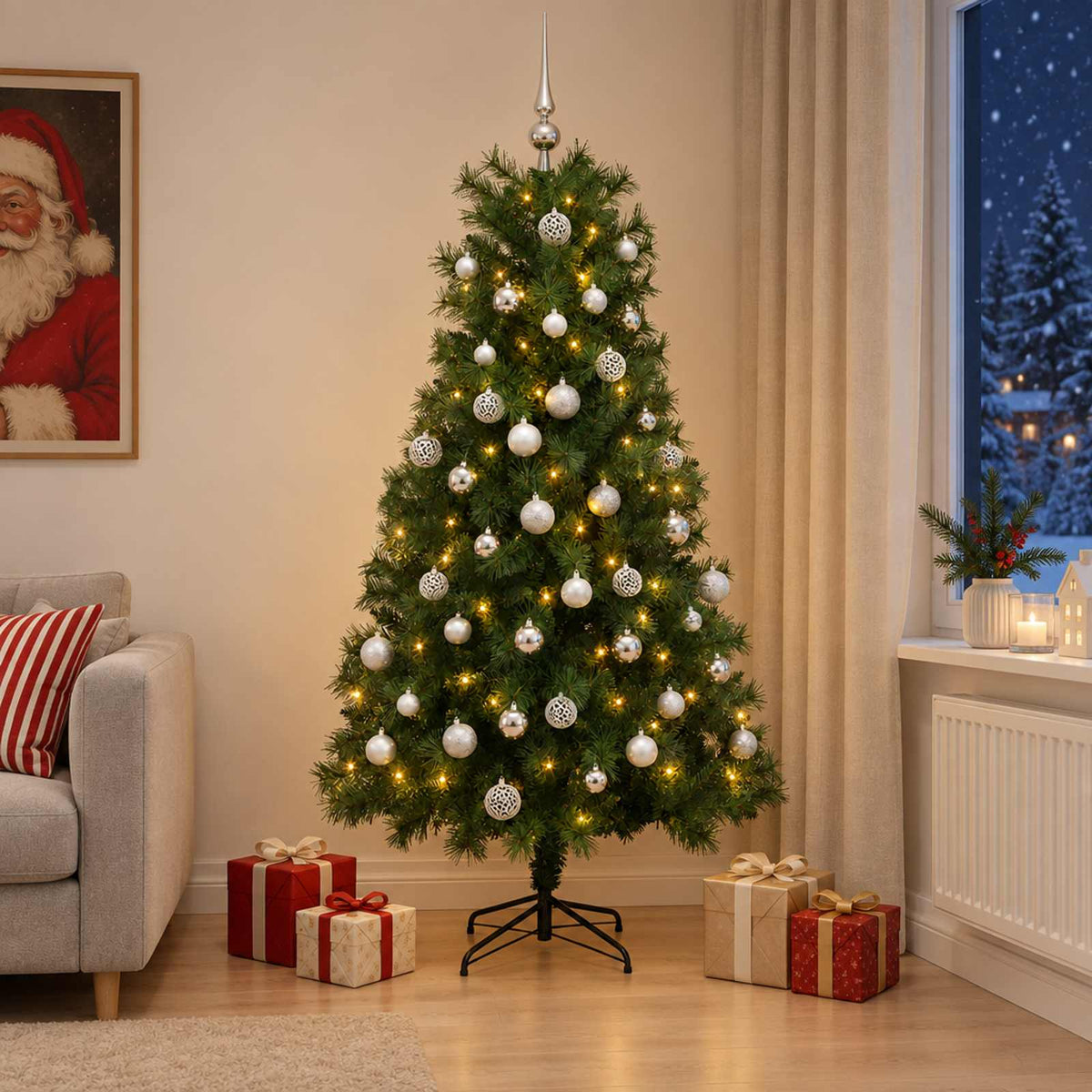 vidaXL Artificial Hinged Christmas Tree with Baubles 180 cm 300 LEDs