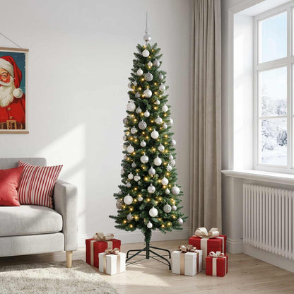 vidaXL Artificial Slim Christmas Tree with Baubles 210 cm 300 LEDs