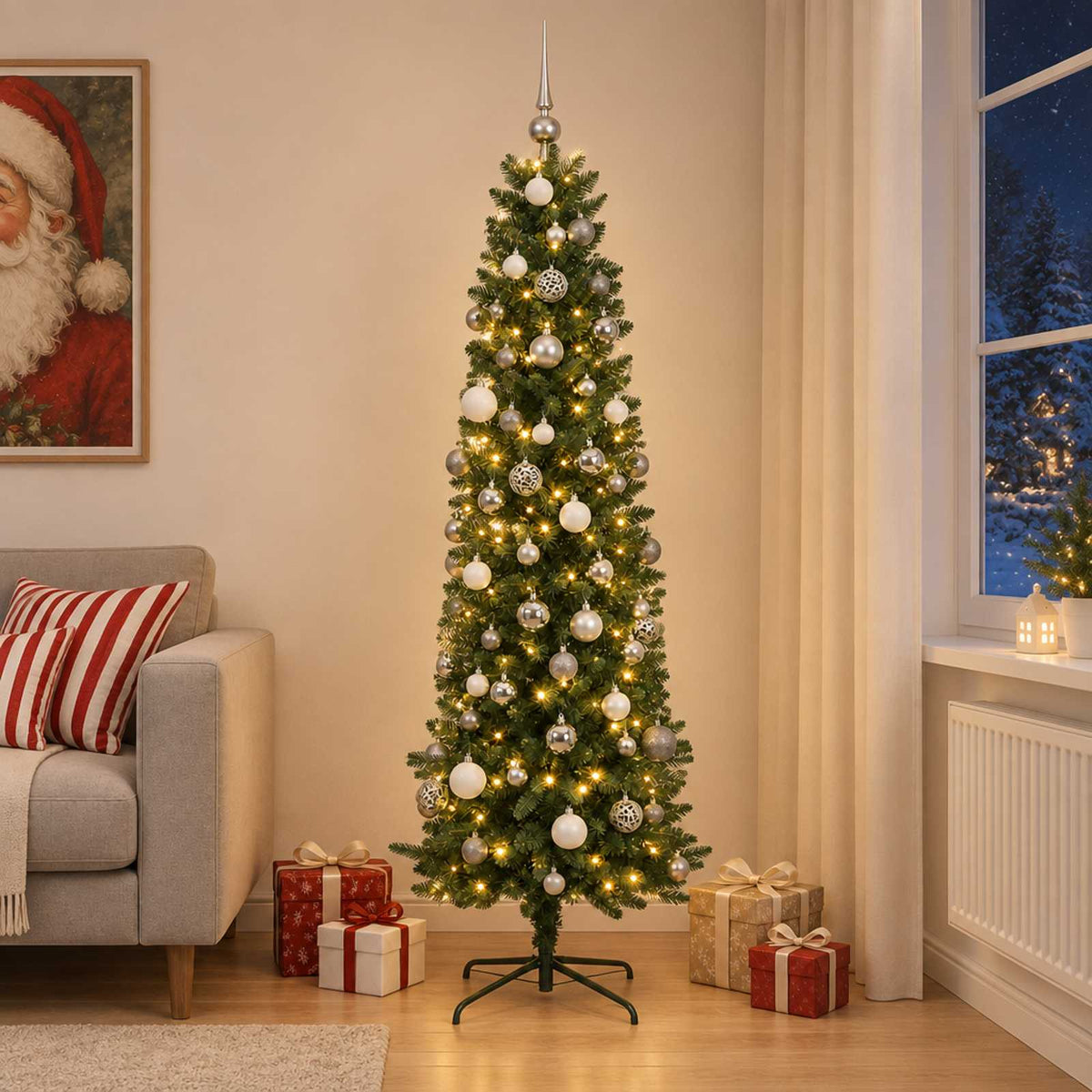 vidaXL Artificial Slim Christmas Tree with Baubles 180 cm 300 LEDs