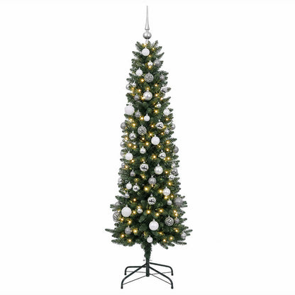 vidaXL Artificial Slim Christmas Tree with Baubles 180 cm 300 LEDs
