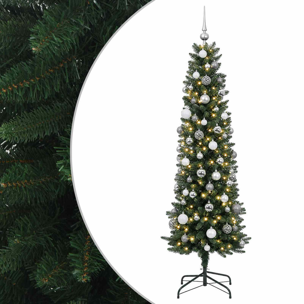 vidaXL Artificial Slim Christmas Tree with Baubles 210 cm 300 LEDs