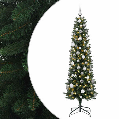 vidaXL Artificial Slim Christmas Tree with Baubles 210 cm 300 LEDs