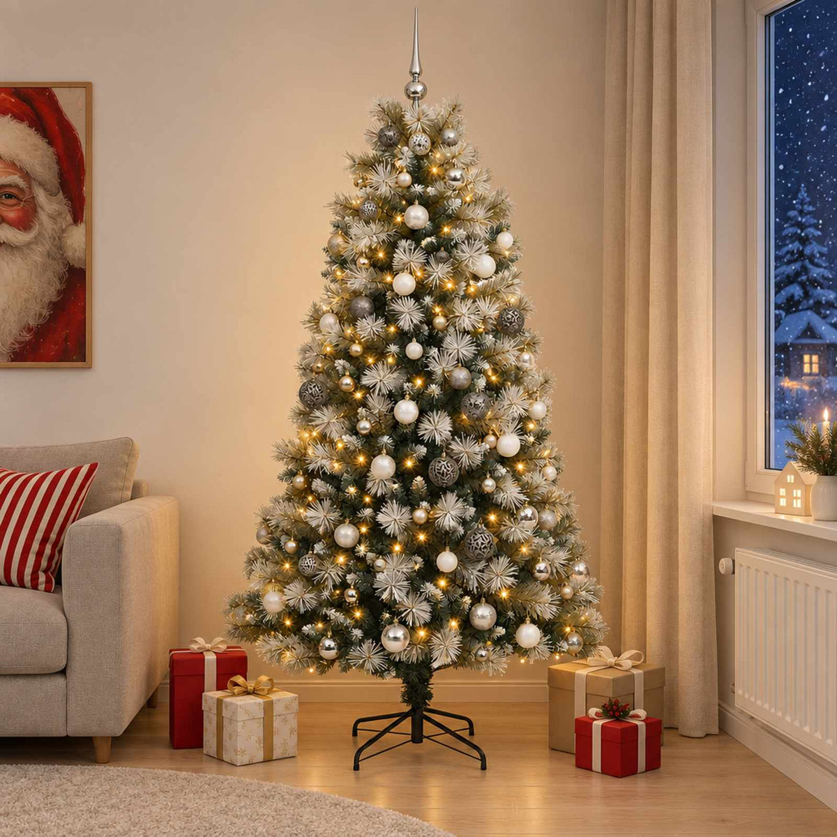 vidaXL Artificial Hinged Christmas Tree with Baubles 210 cm 300 LEDs