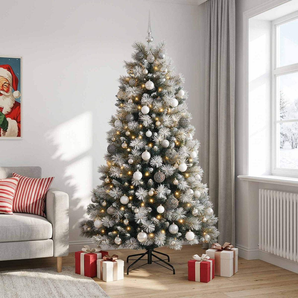 vidaXL Artificial Hinged Christmas Tree with Baubles 210 cm 300 LEDs