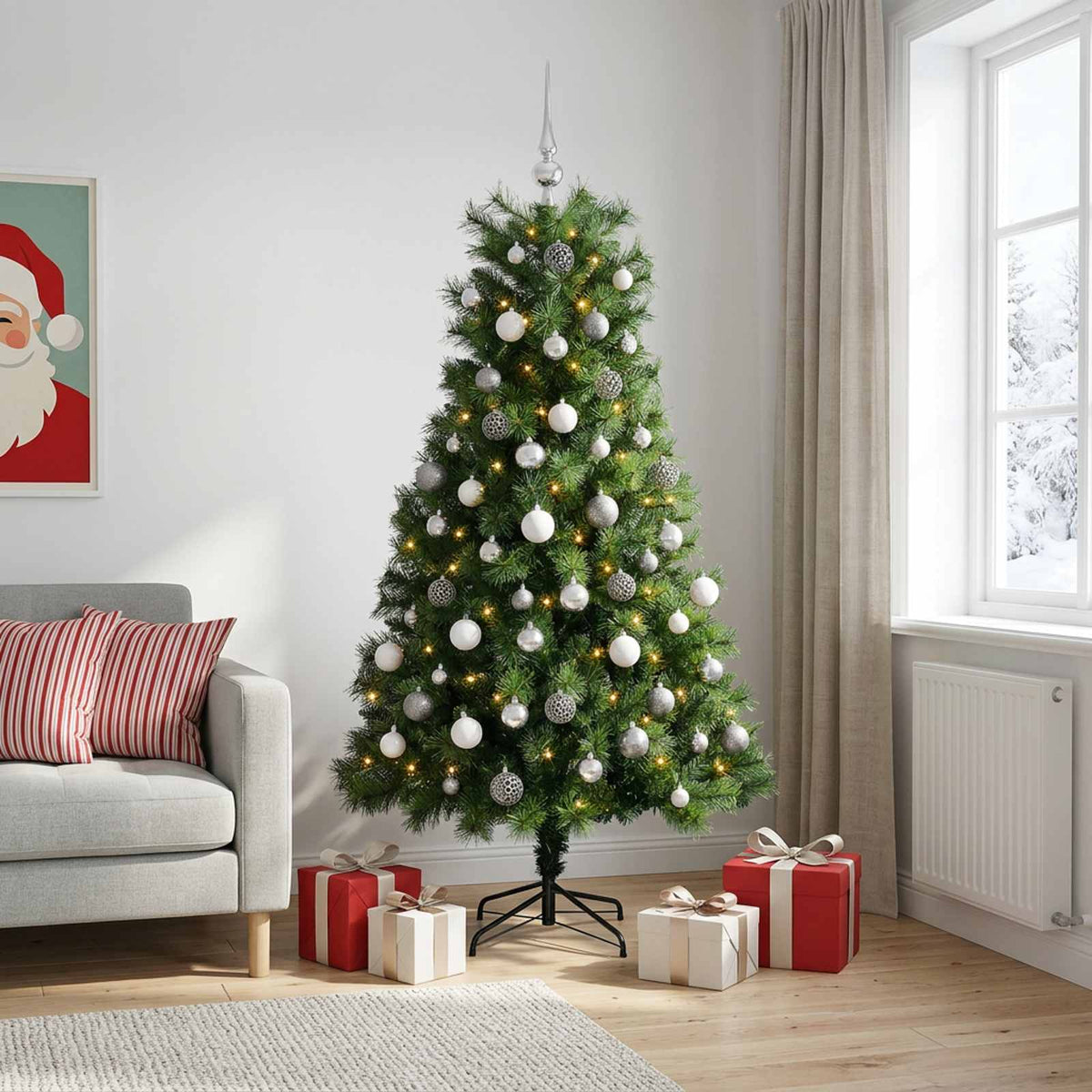 vidaXL Artificial Hinged Christmas Tree with Baubles 210 cm 300 LEDs