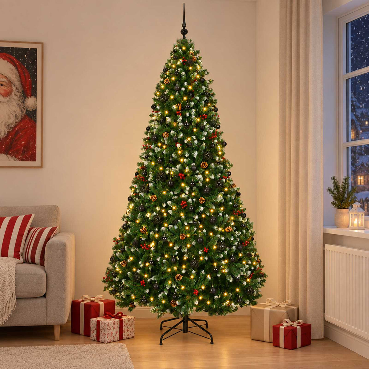 vidaXL Artificial Christmas Tree Green with Baubles 270 cm 300 LEDs