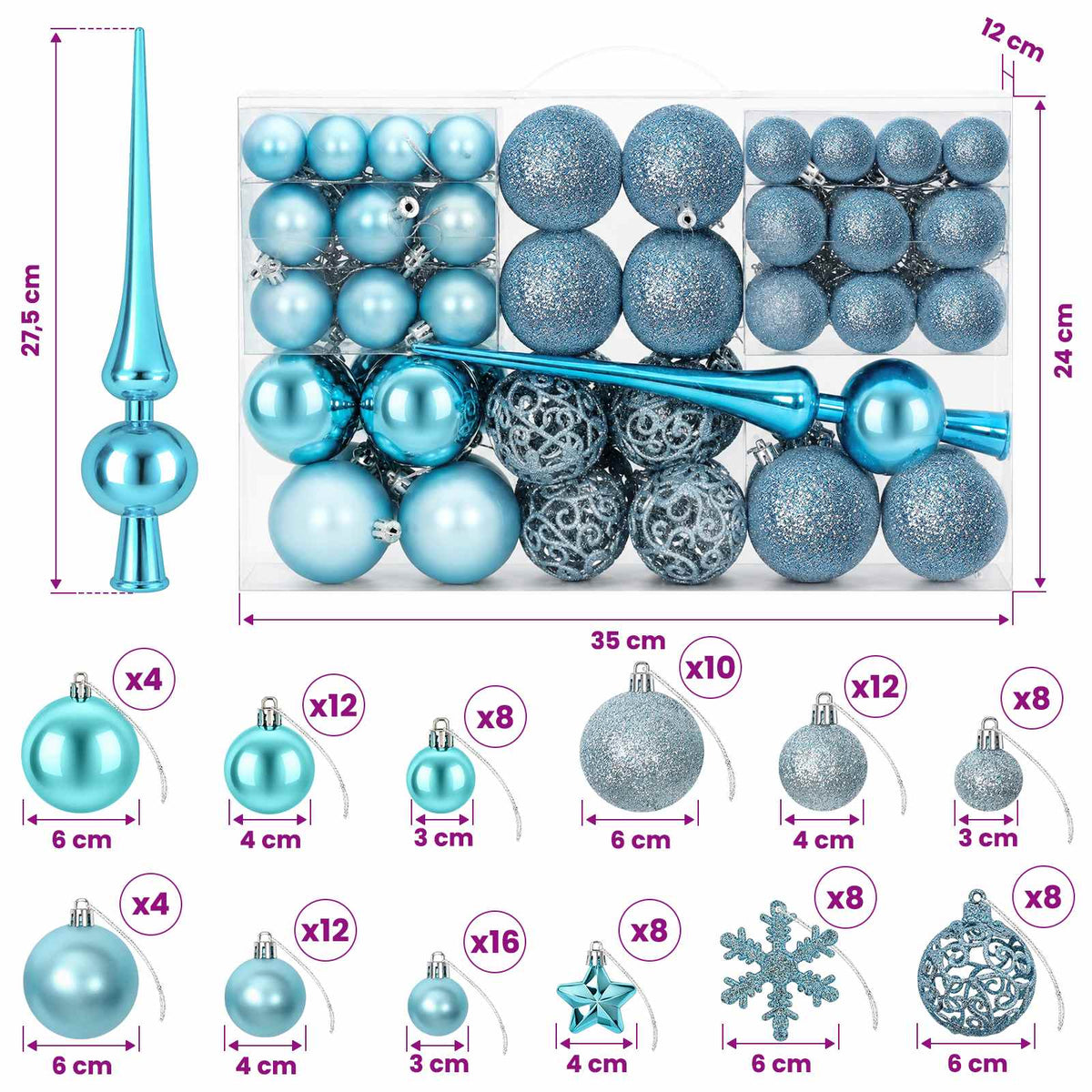 vidaXL Christmas Ball Set 111 pcs Turquoise Dia. 6 cm Polystyrene