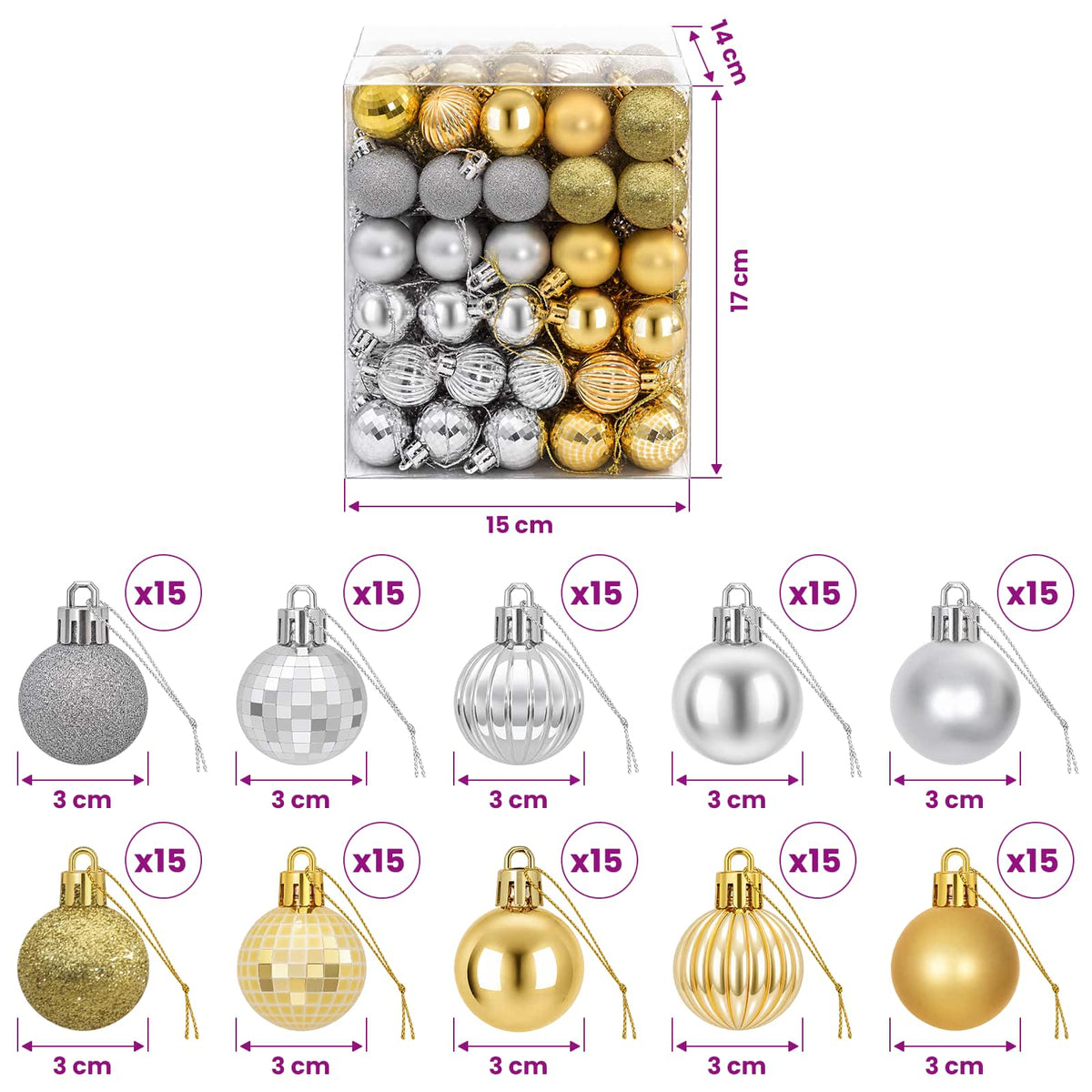 vidaXL Christmas Ball Set 150 pcs Silver and Gold 3 cm Polystyrene