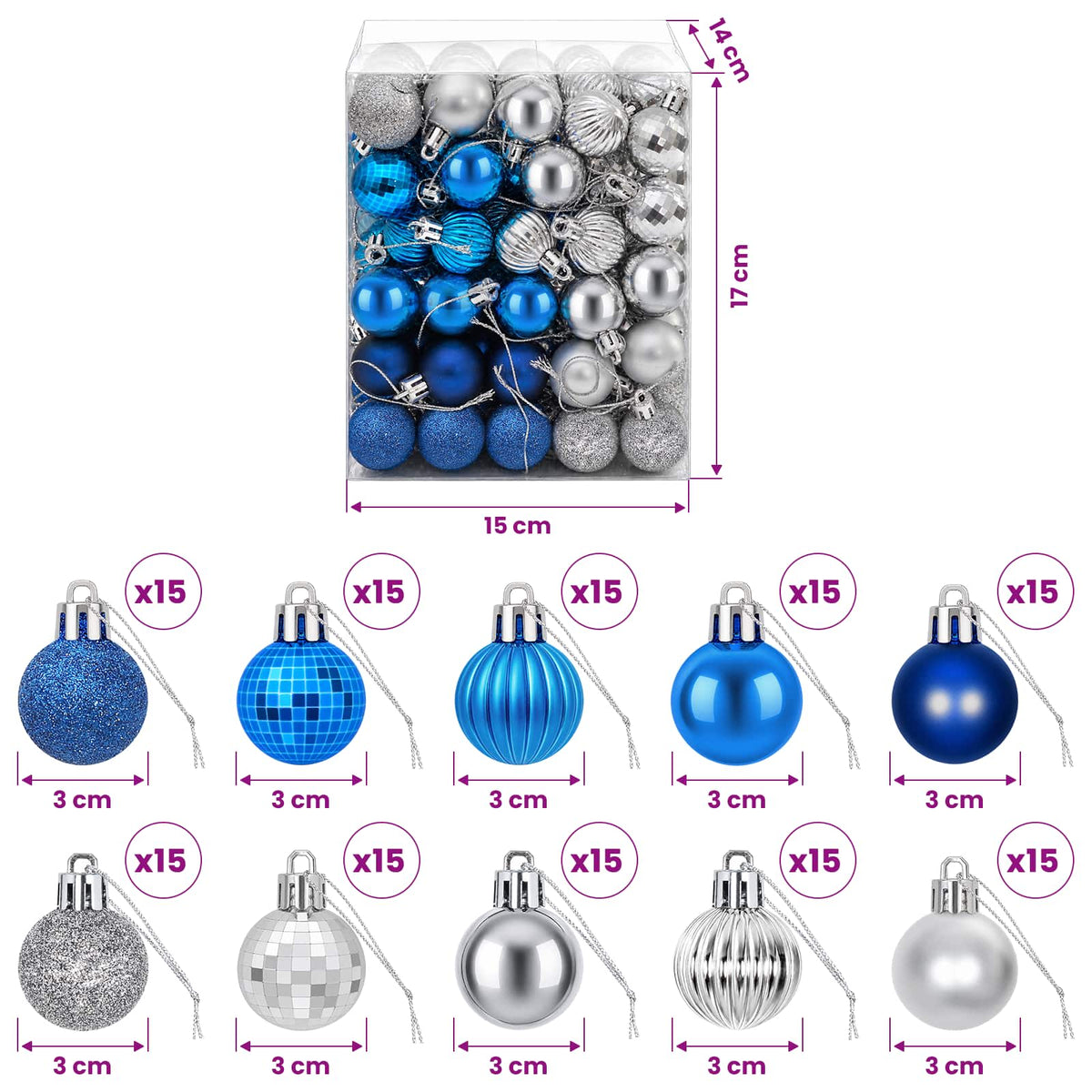 vidaXL Christmas Ball Set 150 pcs Blue and Silver 3 cm Polystyrene