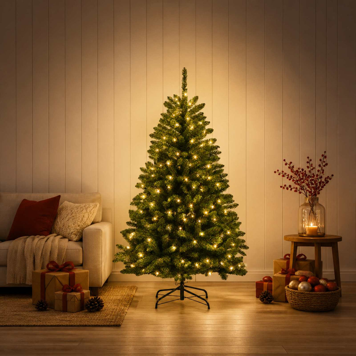 vidaXL Artificial Hinged Christmas Tree 150 cm 150 LEDs Warm White PVC
