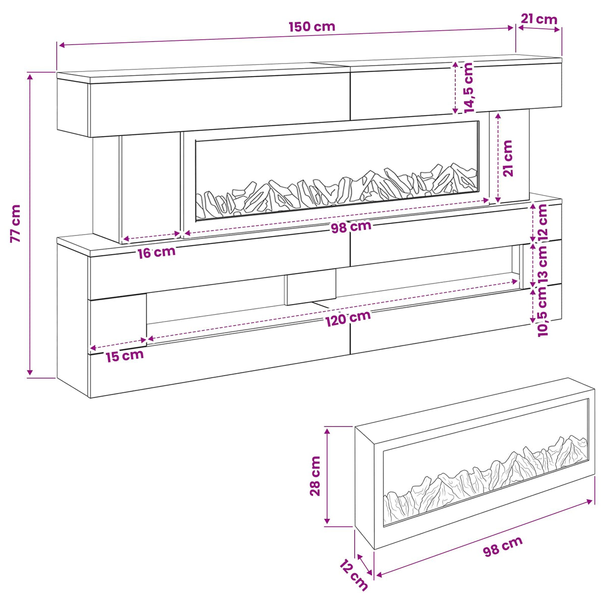 vidaXL Electric Fireplace Old Wood 150 x 21 x 77 cm Engineered wood