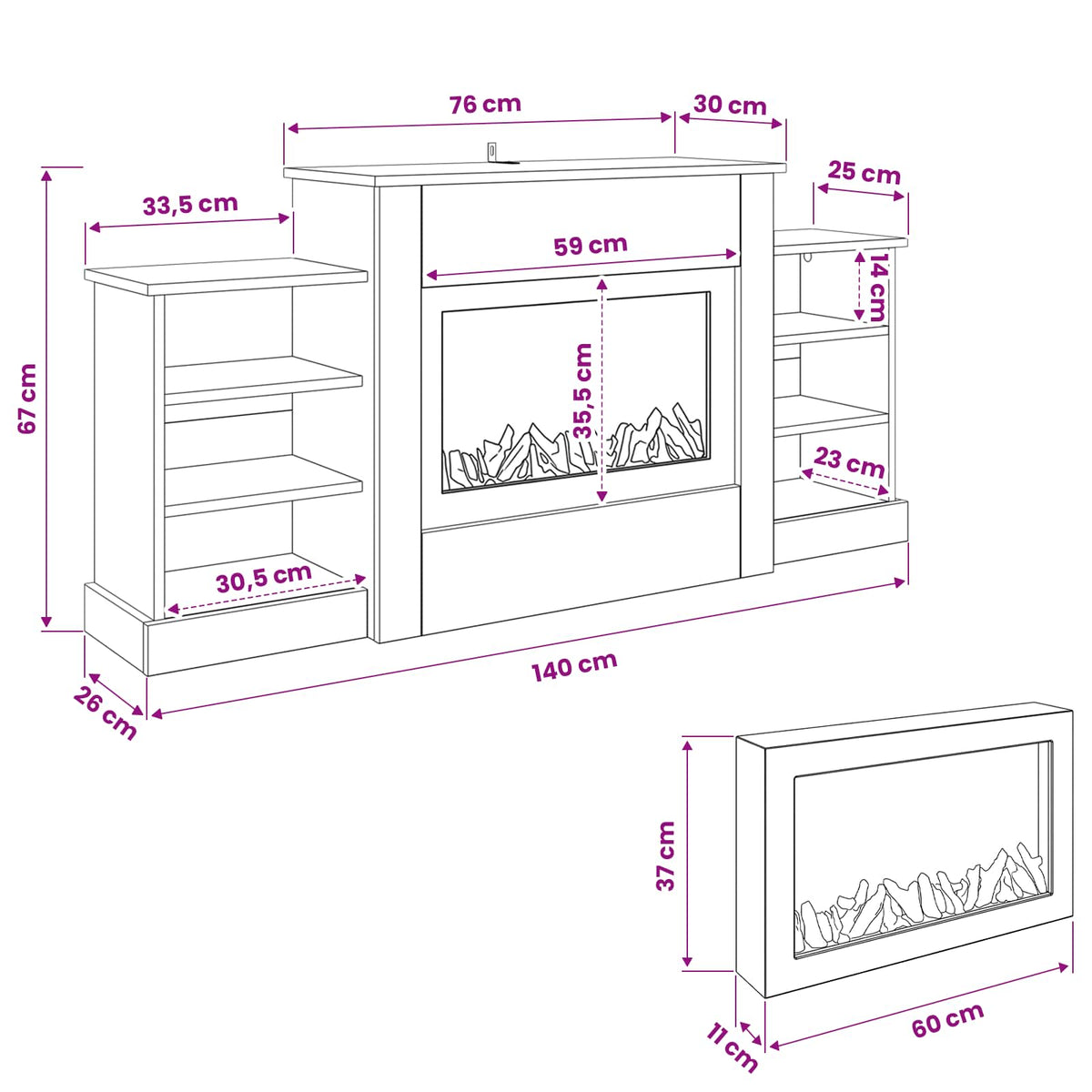 vidaXL Electric Fireplace White 140 x 30 x 67 cm Engineered wood