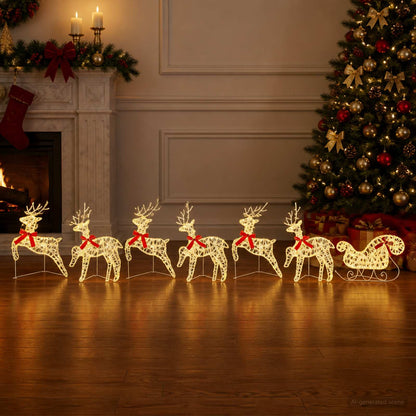 vidaXL Christmas Reindeer with sleigh 7 pcs 140 LEDs Warm White