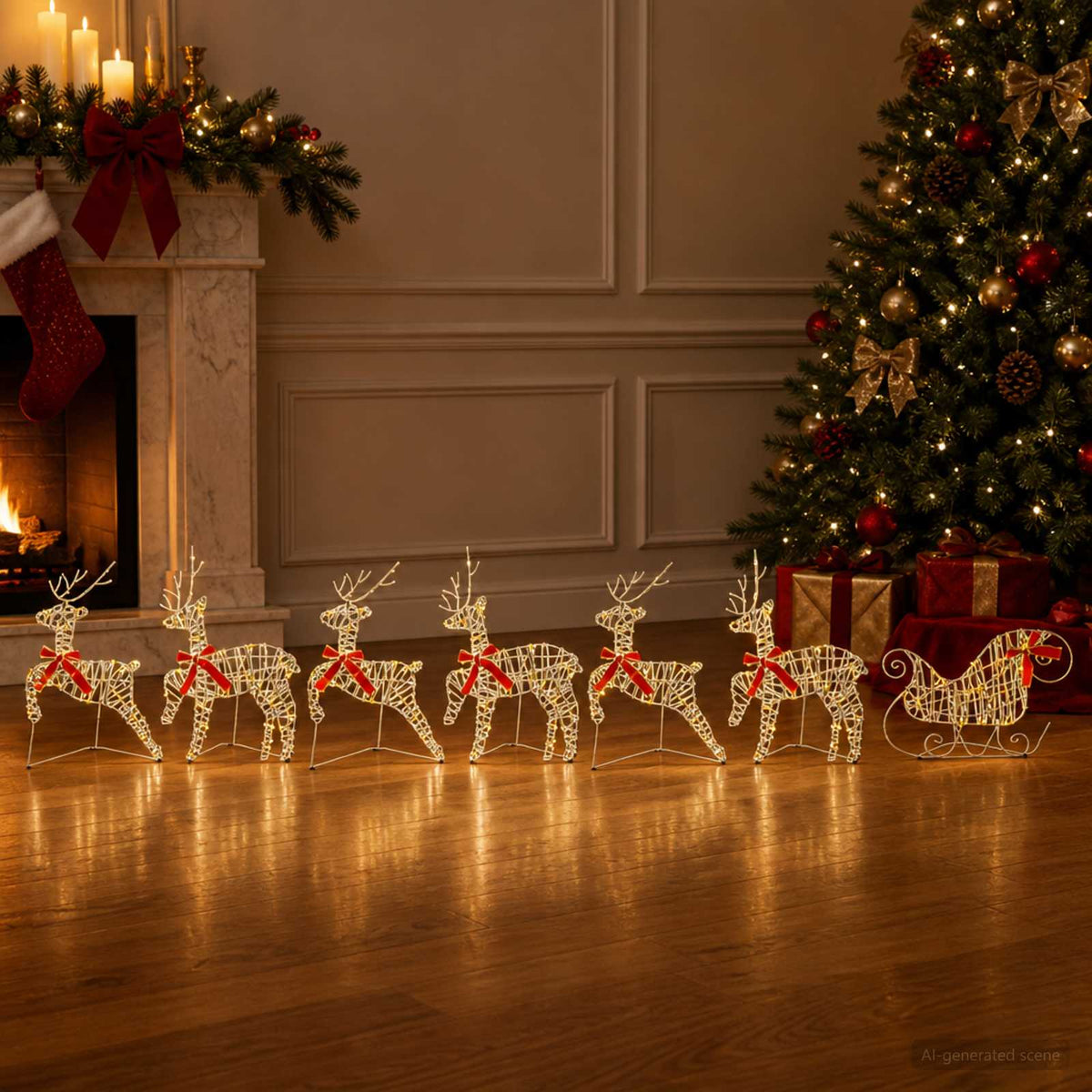 vidaXL Christmas Reindeer with sleigh 7 pcs 140 LEDs Warm White
