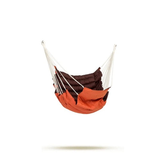 Hanging chair with brown and orange seat on a white background