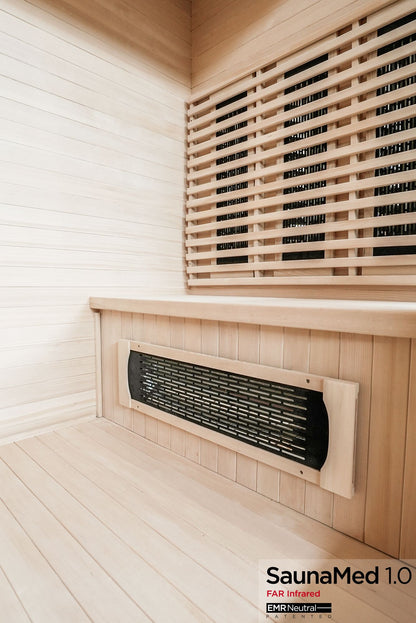 SaunaMed 4 Person Classic Hemlock FAR Infrared Domestic Indoor Sauna - EMR Neutral - 13A Plug & Play