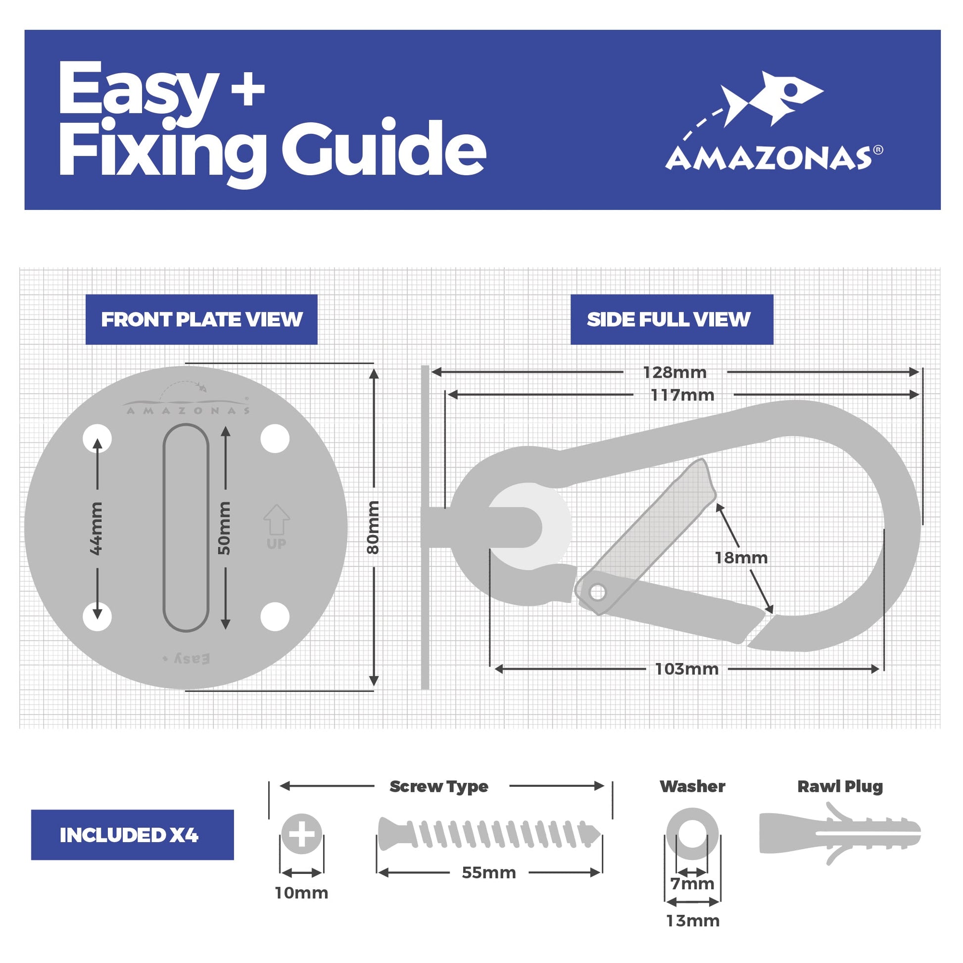 Amazonas easy fixing guide with product dimensions and components on a white background