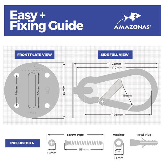 Amazonas easy fixing guide with product dimensions and components on a white background