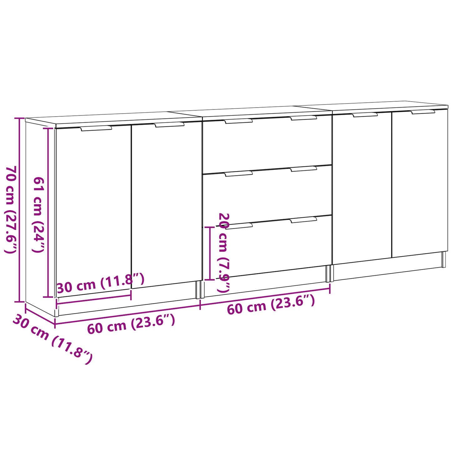 vidaXL Sideboard 3 pcs Black Oak 180 x 30 x 70 cm Engineered Wood