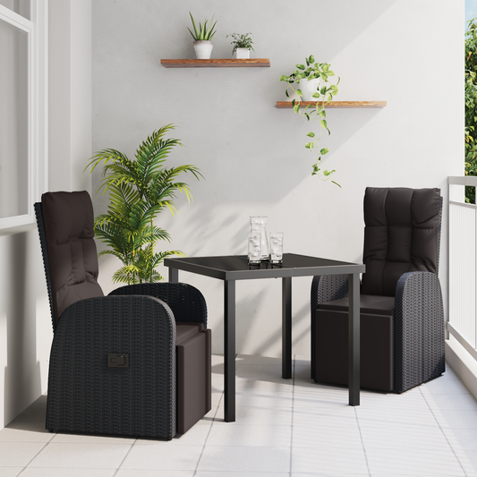 vidaXL 3 Piece Garden Dining Set with Cushions Black Poly Rattan