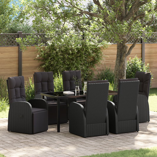 vidaXL 7 Piece Garden Dining Set with Cushions Black Poly Rattan