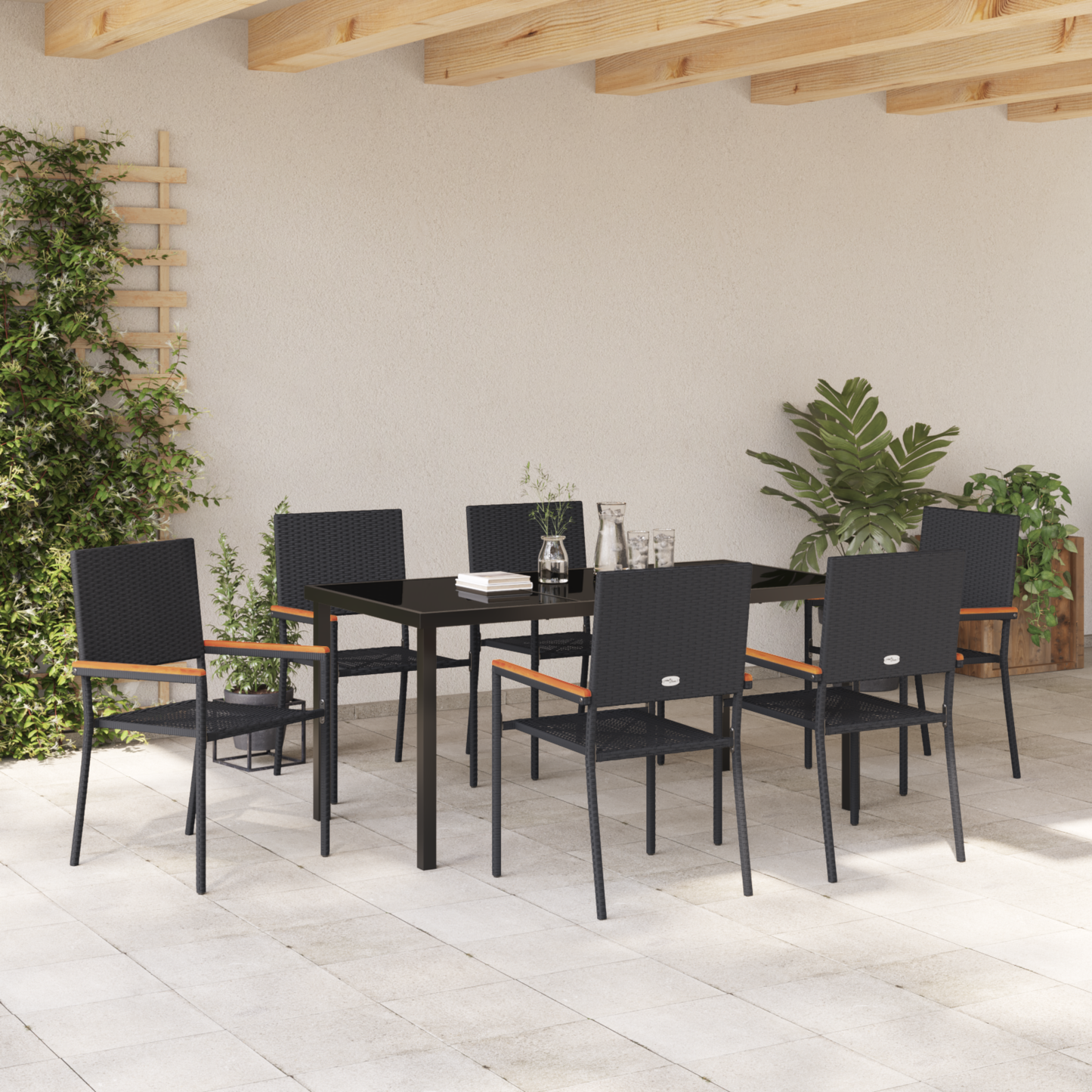 vidaXL 7 Piece Garden Dining Set Black Poly Rattan