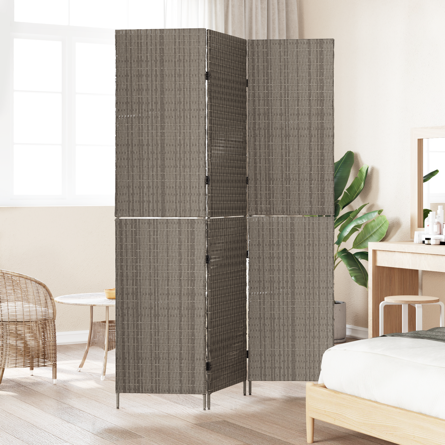 vidaXL Room Divider 3 Panels Foldable Grey 147x180 cm Poly Rattan