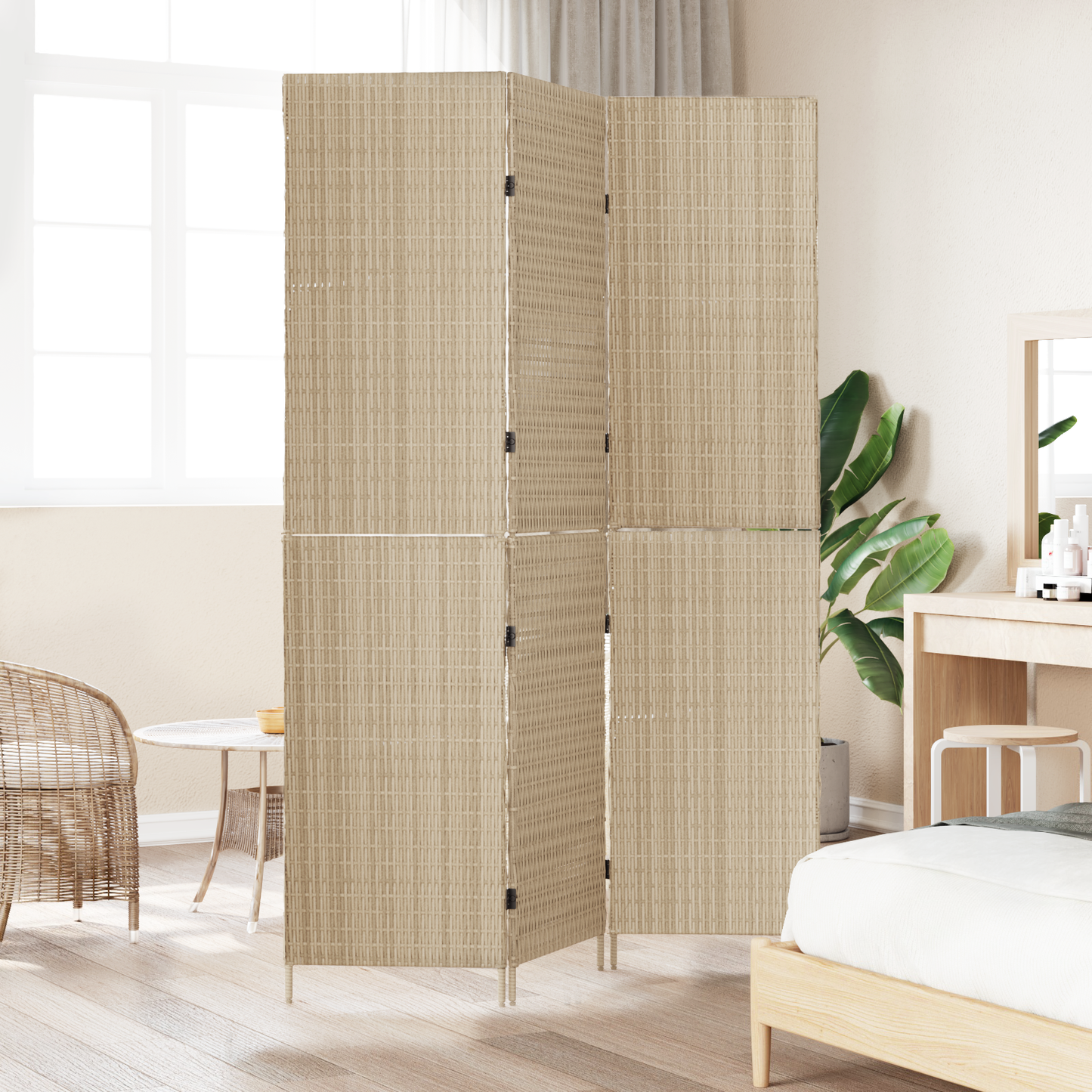 vidaXL Room Divider 3 Panels Foldable Beige 147x180 cm Poly Rattan