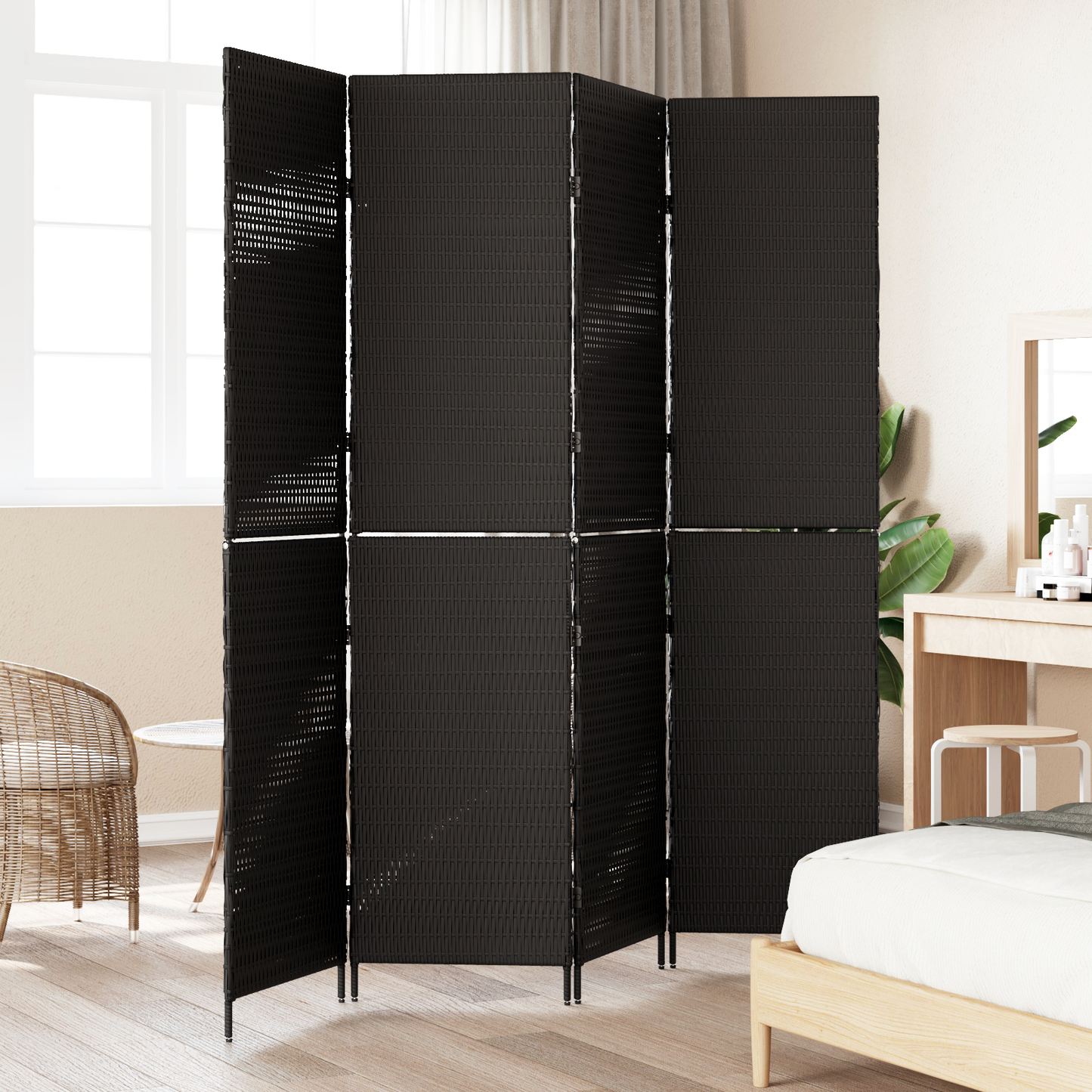 vidaXL Room Divider 4 Panels Foldable Black 195x180 cm Poly Rattan