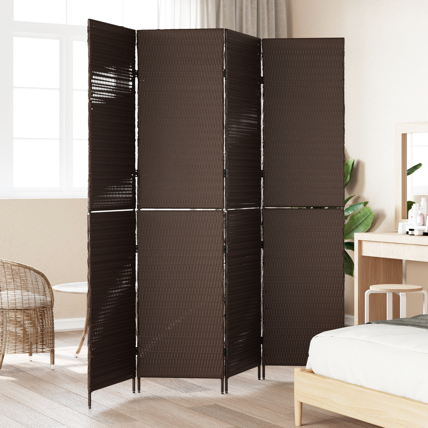 vidaXL Room Divider 4 Panels Foldable Brown 195x180 cm Poly Rattan