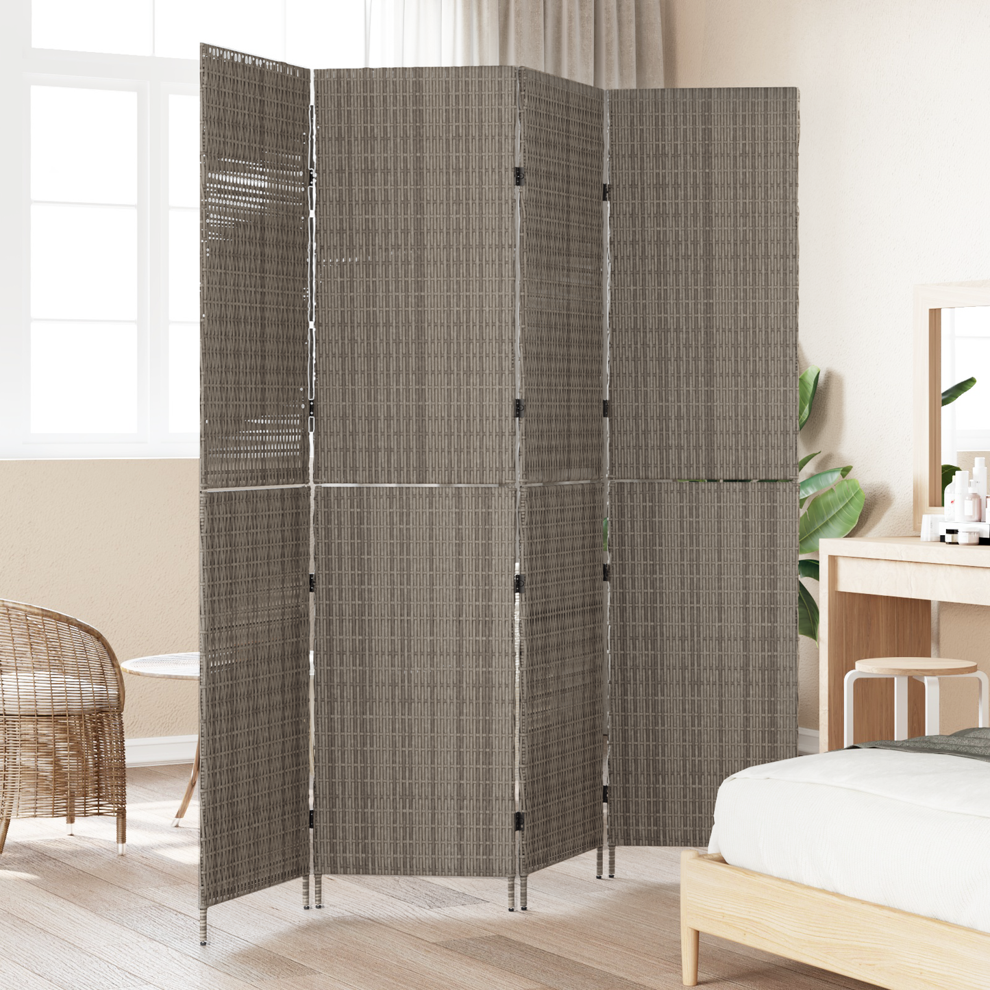 vidaXL Room Divider 4 Panels Foldable Grey 195x180 cm Poly Rattan