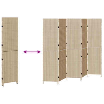 vidaXL Room Divider 5 Panels Foldable Beige 245x180 cm Poly Rattan