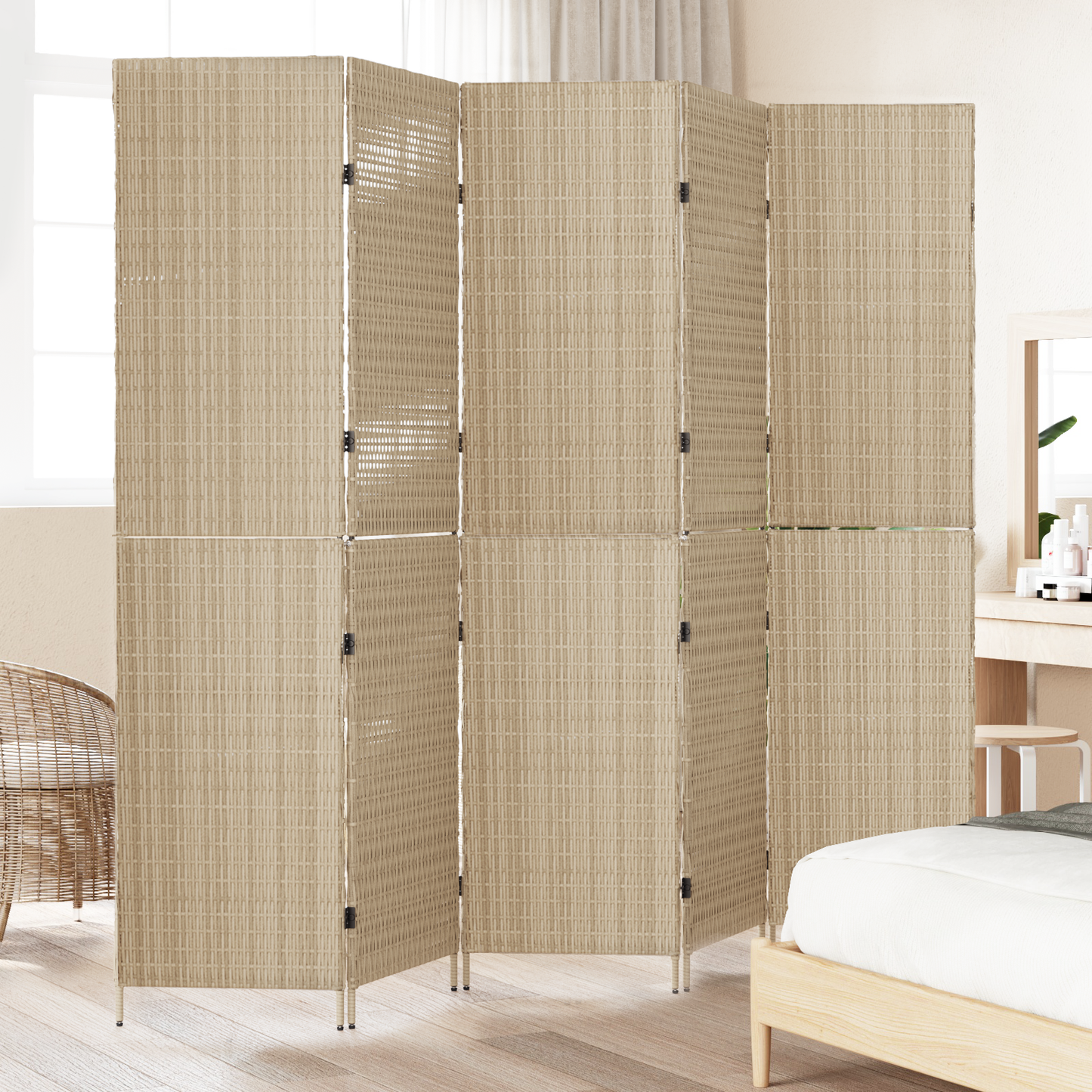 vidaXL Room Divider 5 Panels Foldable Beige 245x180 cm Poly Rattan