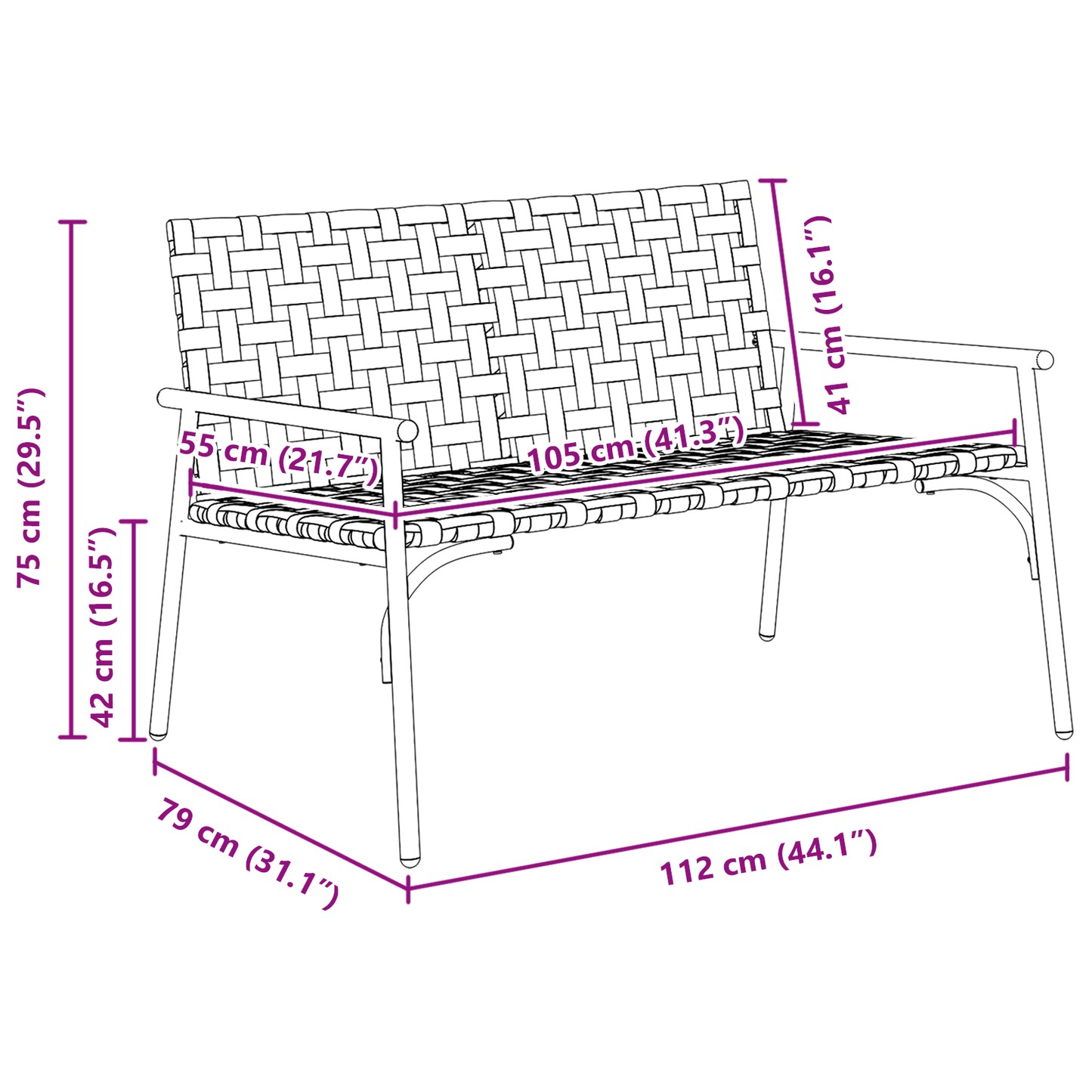vidaXL Garden Bench Black 113x79x75 cm Poly Rattan