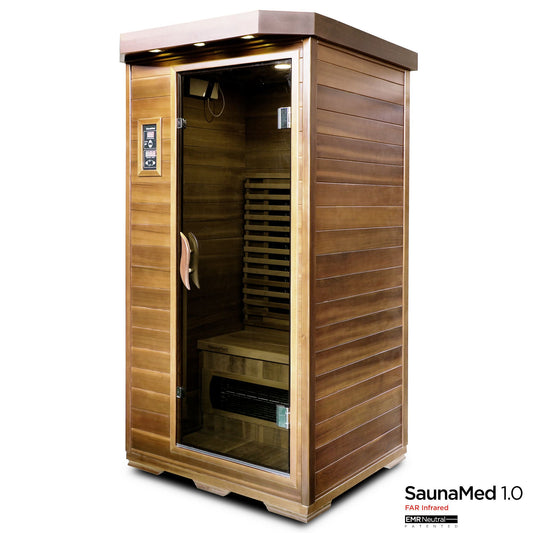 SaunaMed 1 Person Luxury Cedar FAR Infrared Domestic Indoor Sauna - EMR Neutral - 13A Plug & Play