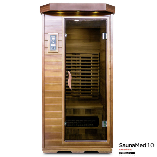 SaunaMed 1 Person Luxury Cedar FAR Infrared Domestic Indoor Sauna - EMR Neutral - 13A Plug & Play