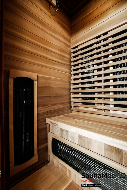 SaunaMed 1 Person Luxury Cedar FAR Infrared Domestic Indoor Sauna - EMR Neutral - 13A Plug & Play