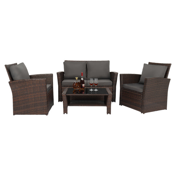 Luxury Garden Party Rattan Sofa Set Dark Grey Cushion Brown Gradient Rattan Rattan Four-Piece Set