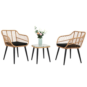 Luxury Garden Party 3 Piece Patio Wicker Chair Set with Glass Top Table and Soft Cushions