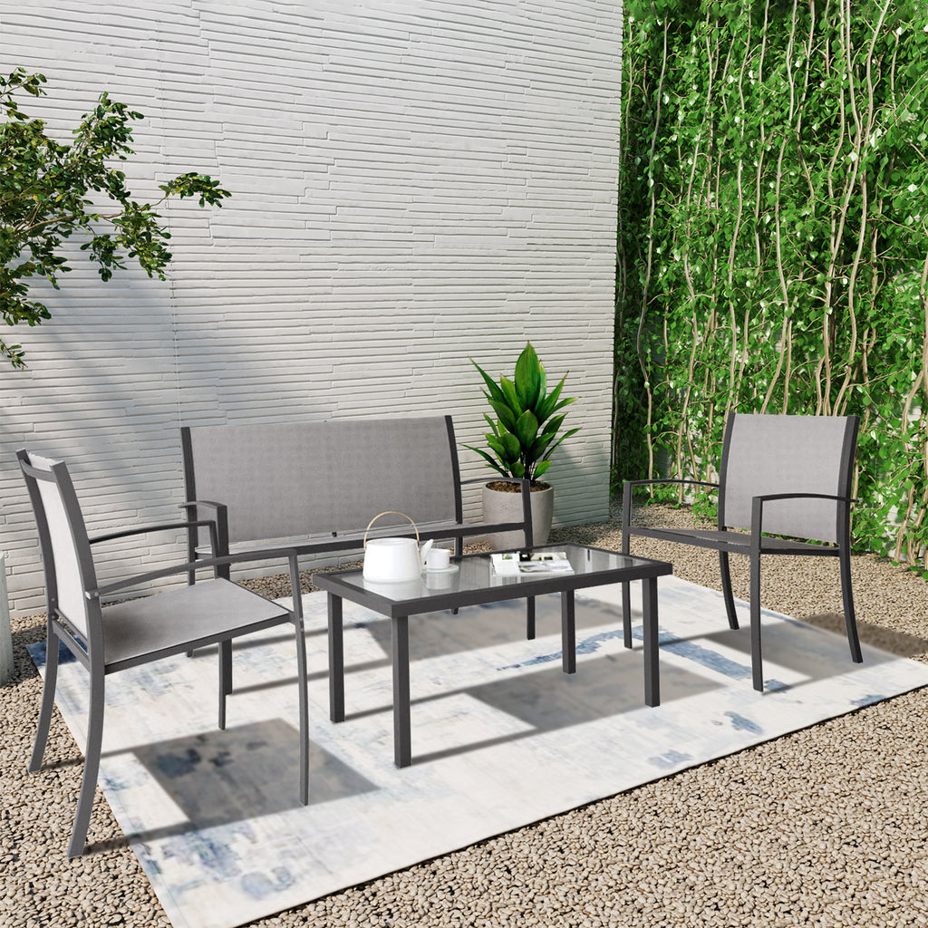 Grey Garden Furniture Set, 4 Piece Patio Furniture Glass Coffee Table 2 Textilene Armchairs 1 Double Seat Sofa Conversation Set, for Patio Outdoor Poolside
