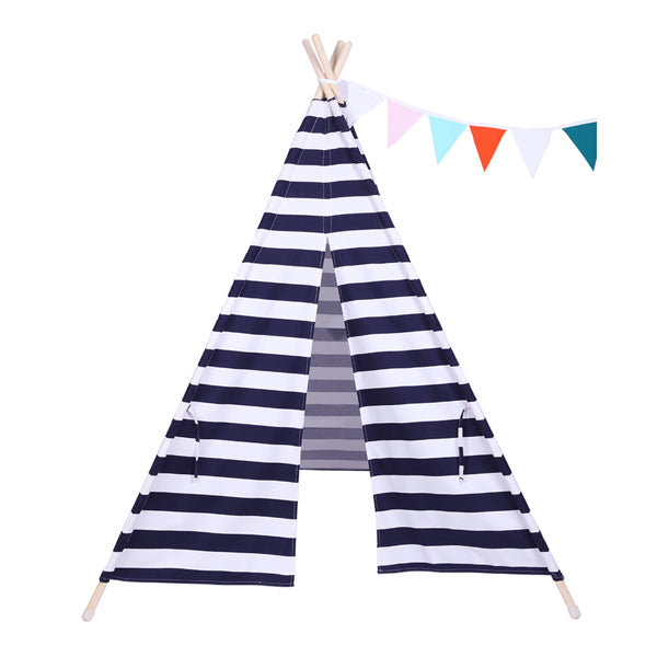 Luxury Garden Party Indian Tent Children Teepee Tent Baby Indoor Dollhouse with Small Coloured Flags roller shade and pocket Blue and White Stripes