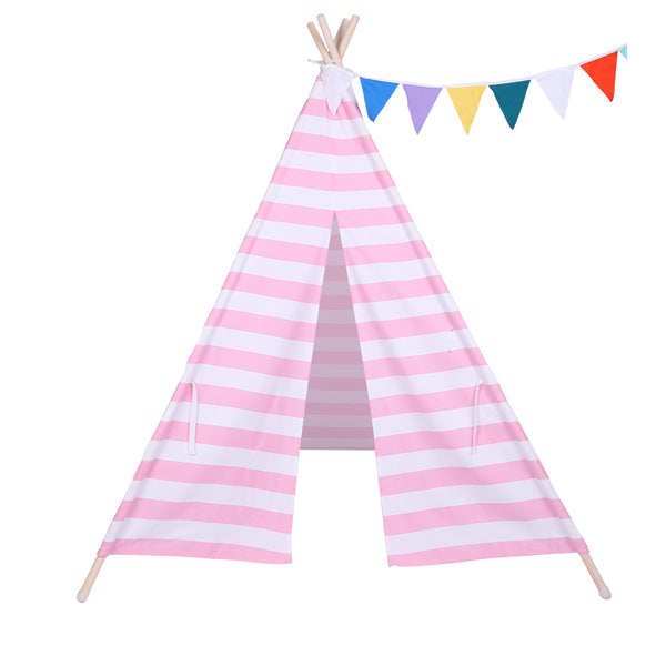 Luxury Garden Party Indian Tent Children Teepee Tent Baby Indoor Dollhouse with Small Coloured Flags roller shade and pocket Pink and White Stripes